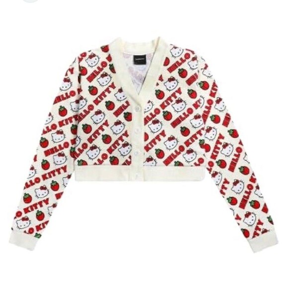 Dumbgood Sanrio Hello Kitty Strawberries Waffle Knit Cropped Cream Cardigan L - Picture 1 of 15